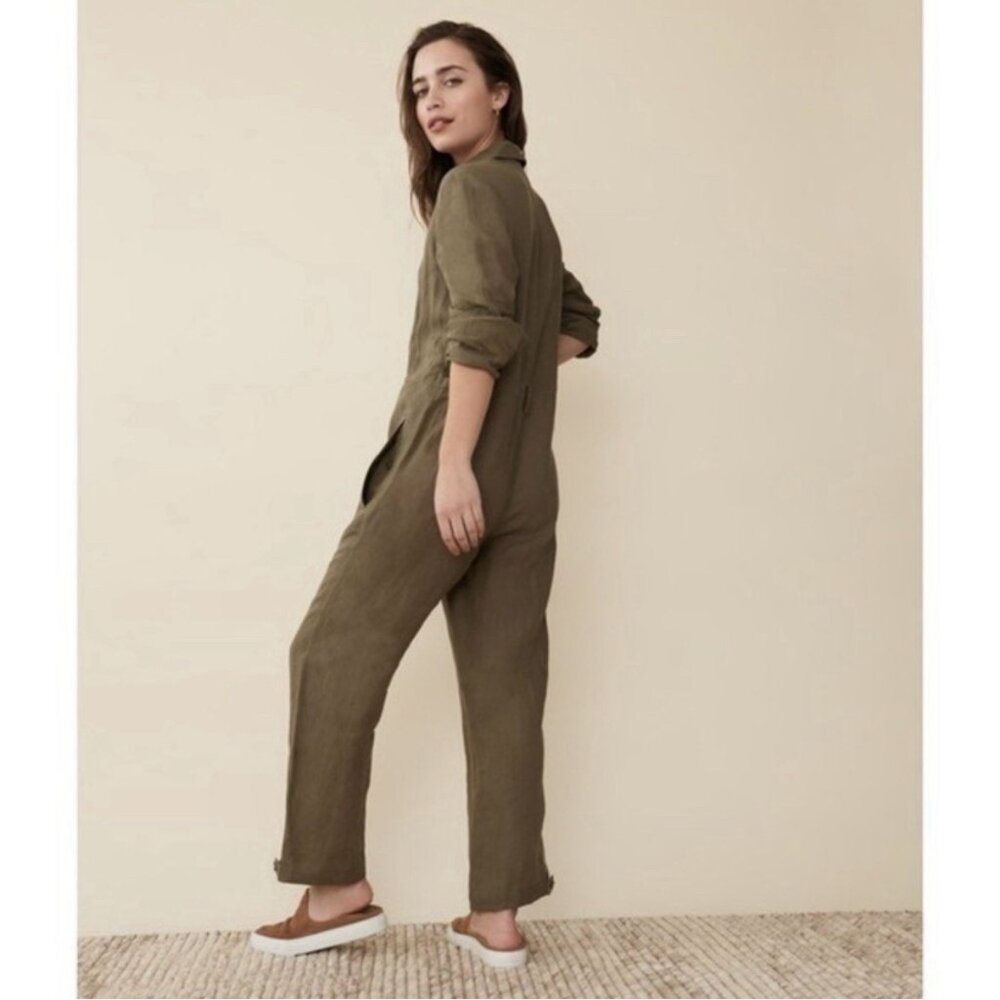Jenni Kayne 100% Linen Coverall (Sz XS) Moss Green Long Sleeve Jumpsuit NO BELT